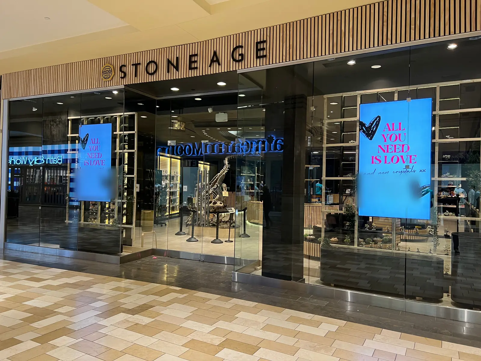 The Stoneage storefront seen from the mall concourse, gold wordmark on wood slat above a lit shop window