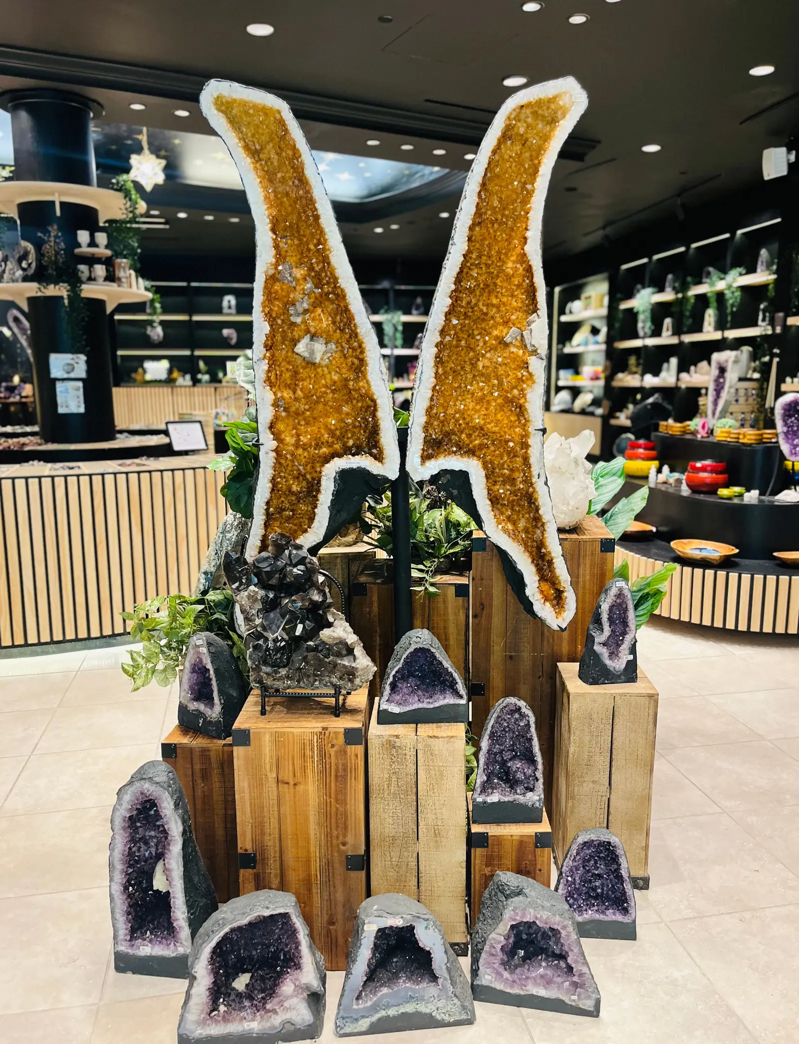 Two geode wings taller than a person, golden crystal inside a pale druzy rim, standing over a bank of amethyst geodes on timber crates