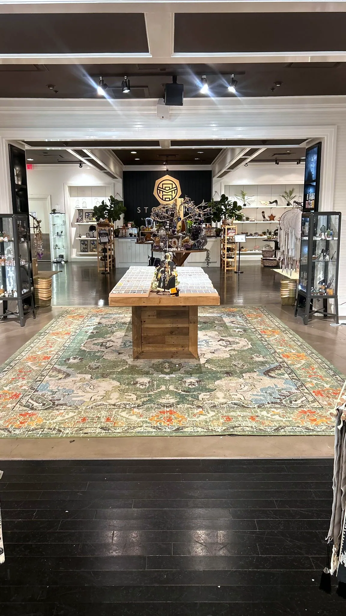 The Town Center at Cobb store, a patterned rug and long timber display table under warm shelving